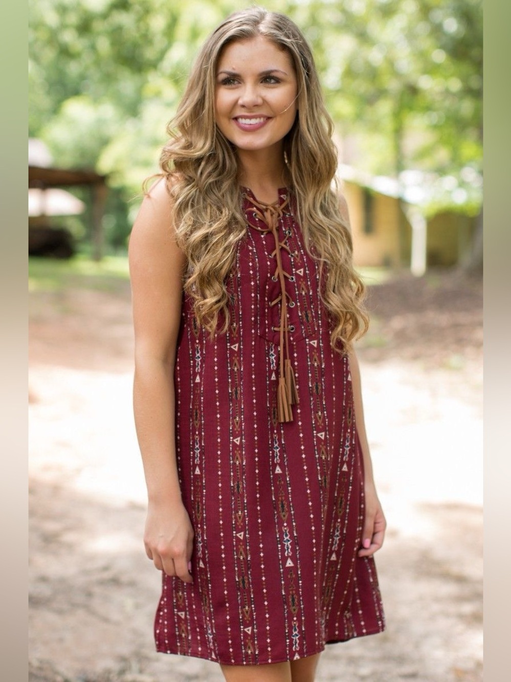 Entro Boho Southwestern Lace-Up Sleeveless Dress Burgundy Aztec Size L